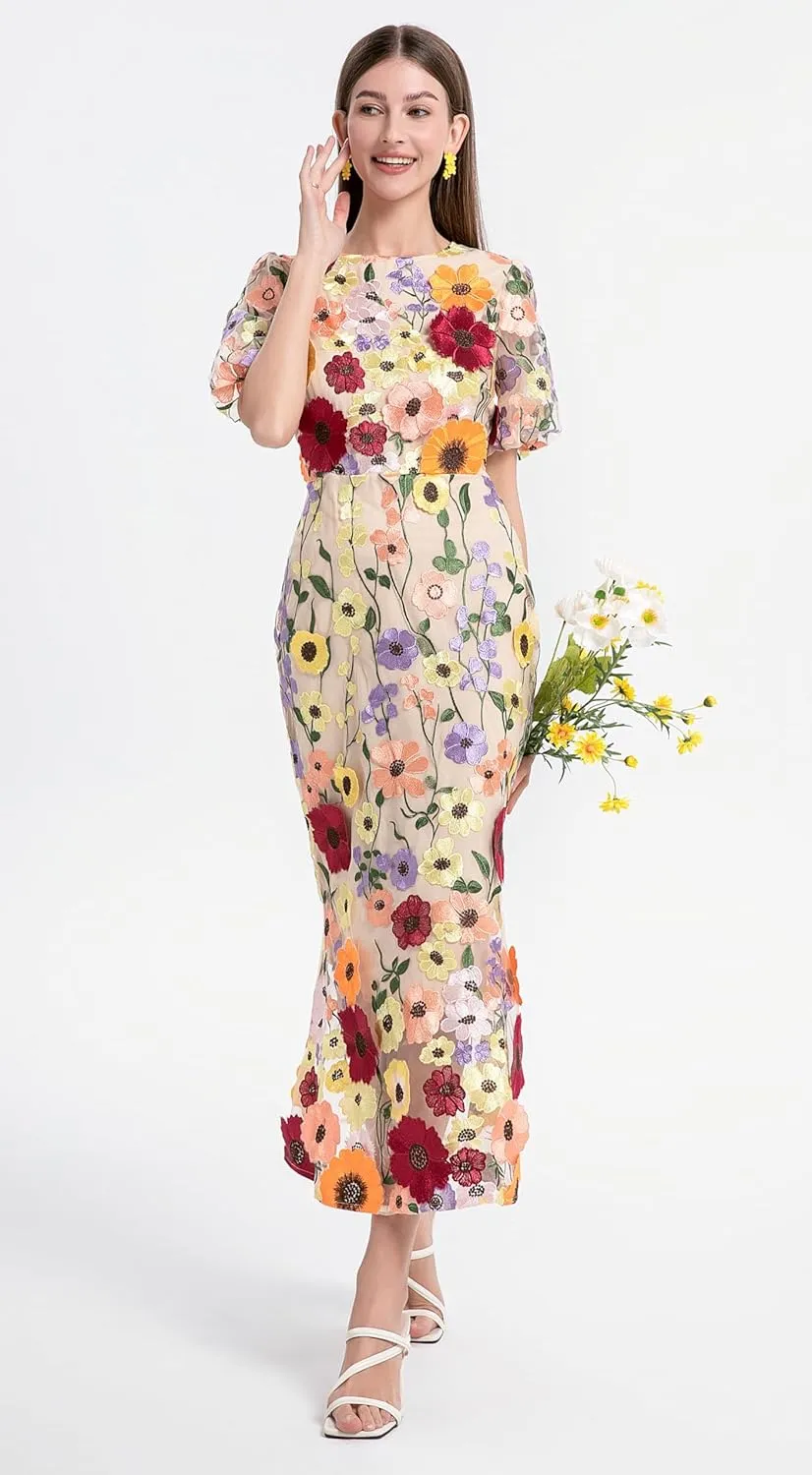 LAI MENG FIVE CATS Women's 3D Floral Short Sleeves Crew Neck Fishtail Mesh Embroidery Party Cocktail Maxi Dress
