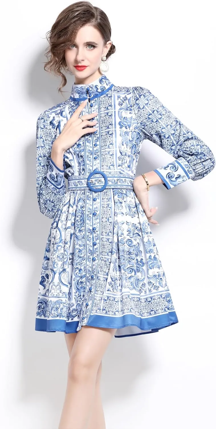 LAI MENG FIVE CATS Women's Button up Floral Print Long Sleeve Casual A-line Mini Shirt Dress with Belt