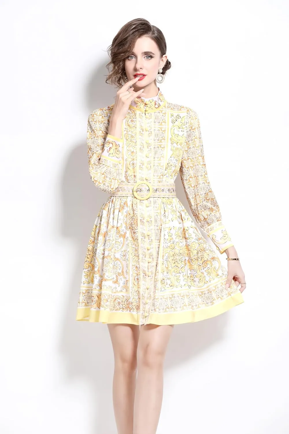 LAI MENG FIVE CATS Women's Button up Floral Print Long Sleeve Casual A-line Mini Shirt Dress with Belt