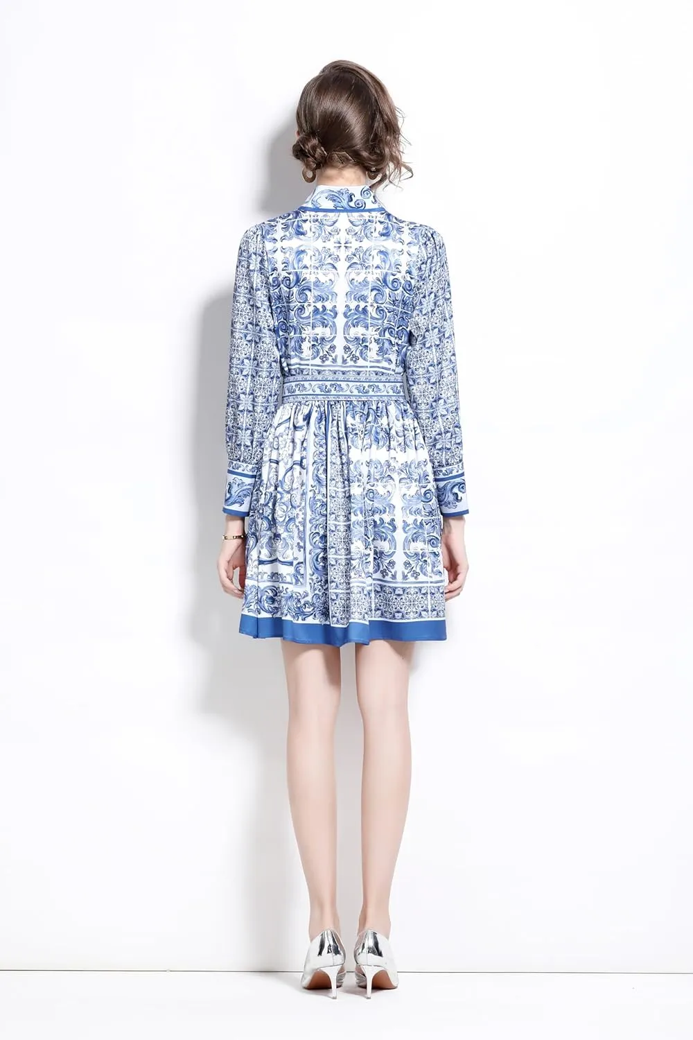 LAI MENG FIVE CATS Women's Button up Floral Print Long Sleeve Casual A-line Mini Shirt Dress with Belt