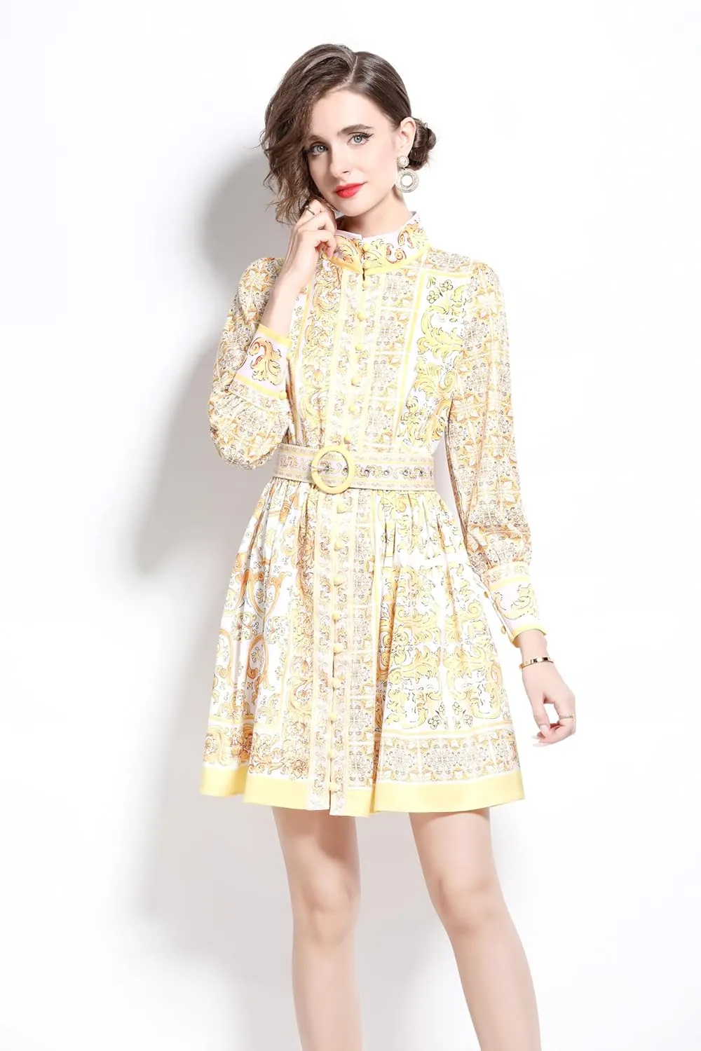 LAI MENG FIVE CATS Women's Button up Floral Print Long Sleeve Casual A-line Mini Shirt Dress with Belt