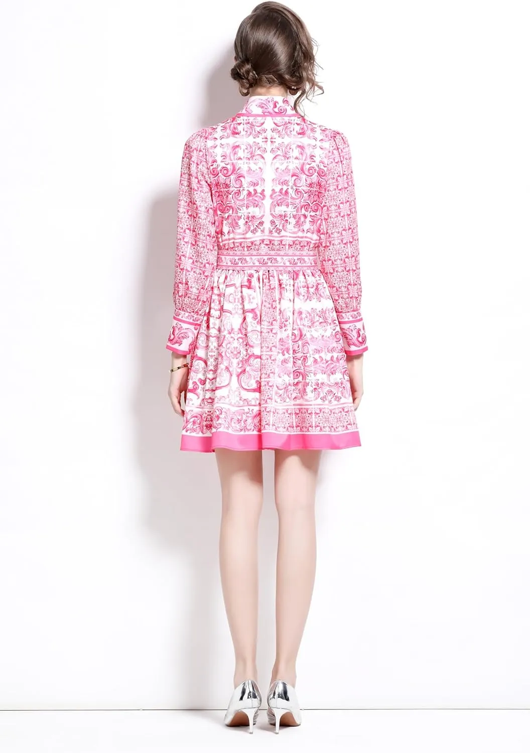 LAI MENG FIVE CATS Women's Button up Floral Print Long Sleeve Casual A-line Mini Shirt Dress with Belt