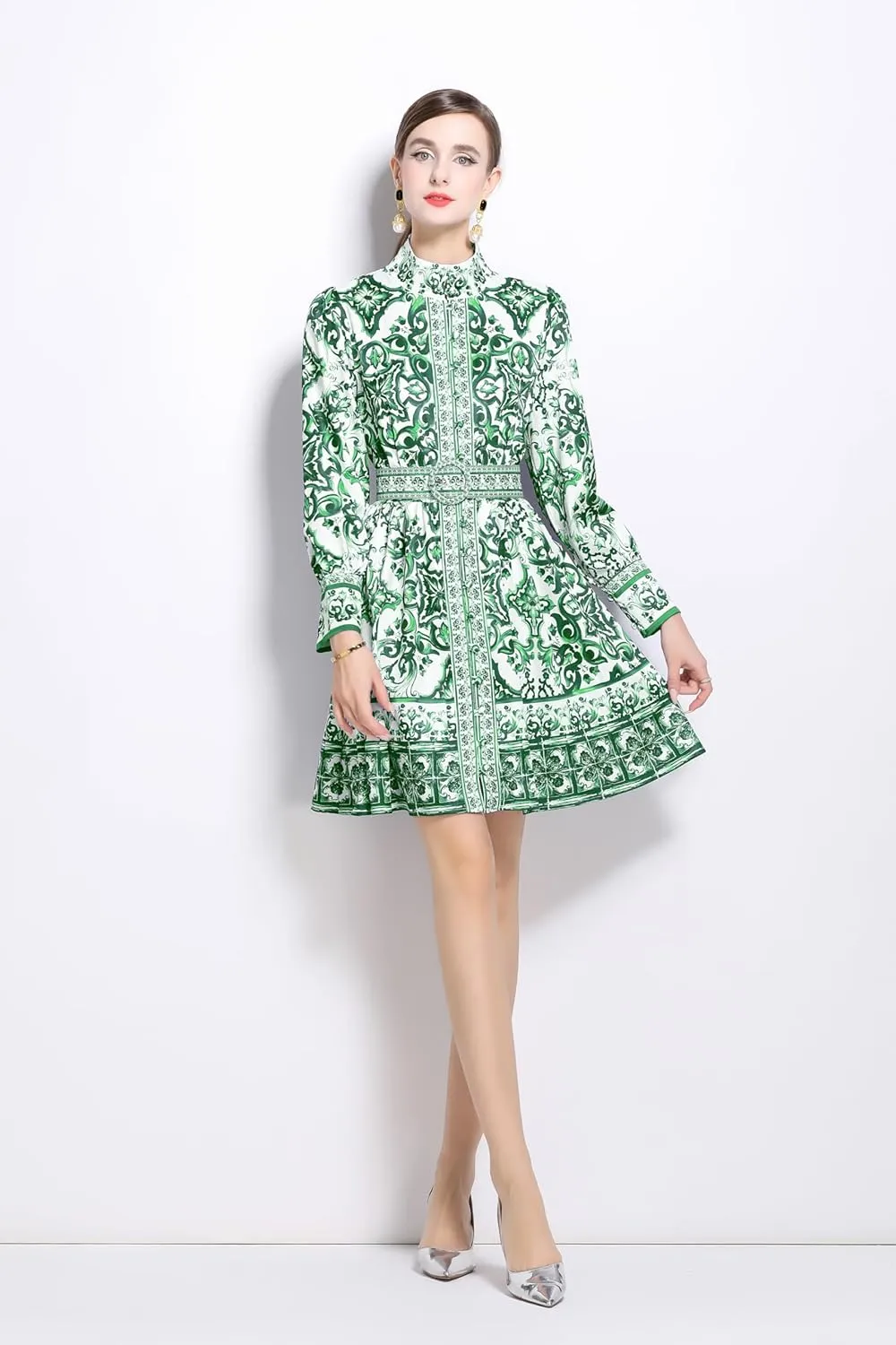 LAI MENG FIVE CATS Women's Button up Floral Print Long Sleeve Casual A-line Mini Shirt Dress with Belt