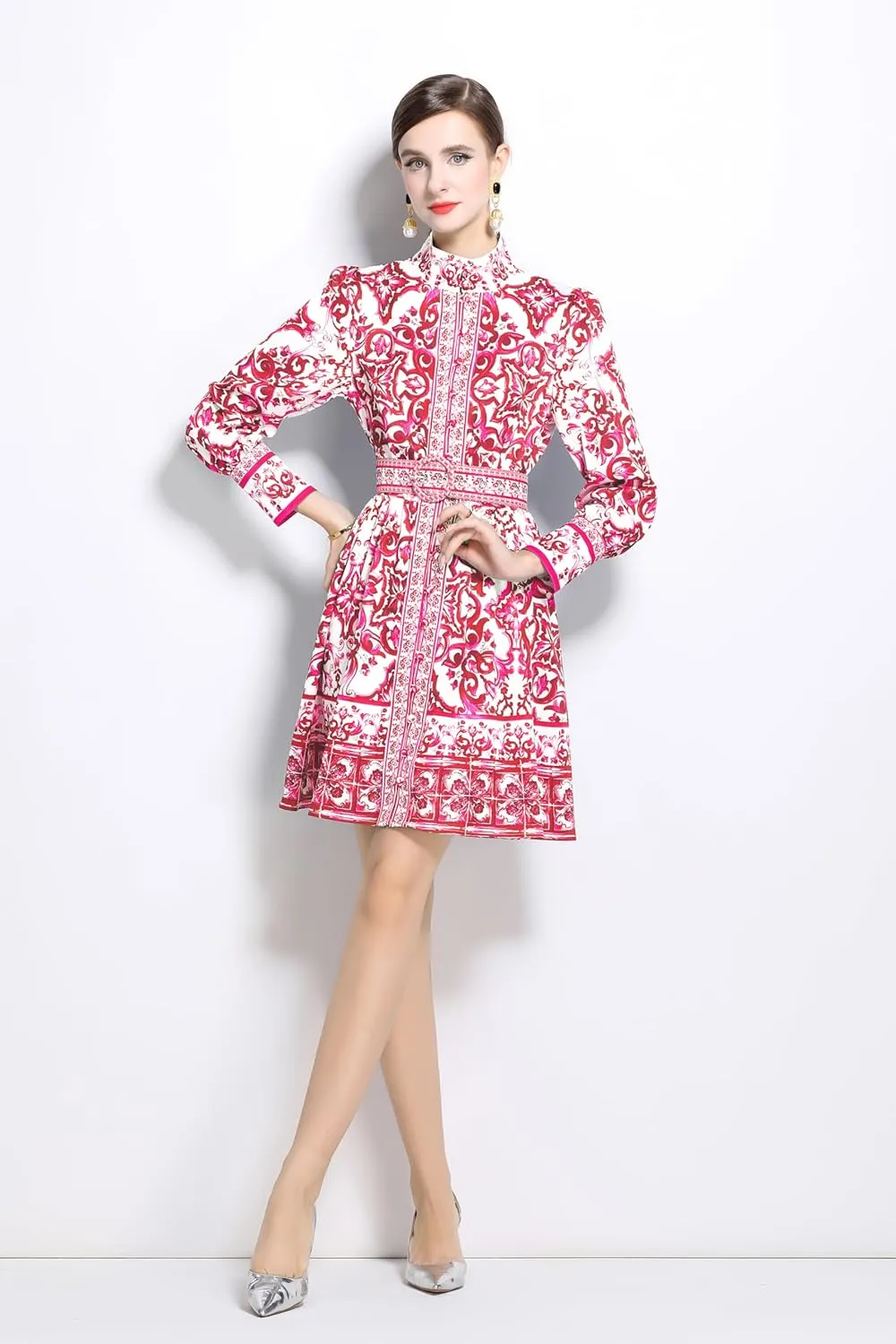 LAI MENG FIVE CATS Women's Button up Floral Print Long Sleeve Casual A-line Mini Shirt Dress with Belt