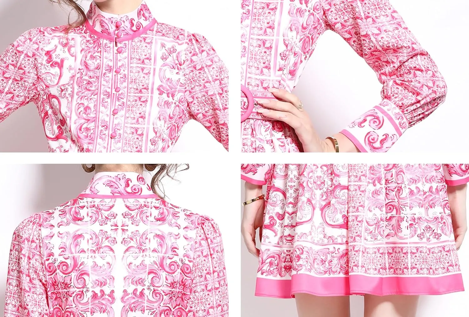 LAI MENG FIVE CATS Women's Button up Floral Print Long Sleeve Casual A-line Mini Shirt Dress with Belt