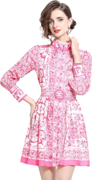 LAI MENG FIVE CATS Women's Button up Floral Print Long Sleeve Casual A-line Mini Shirt Dress with Belt