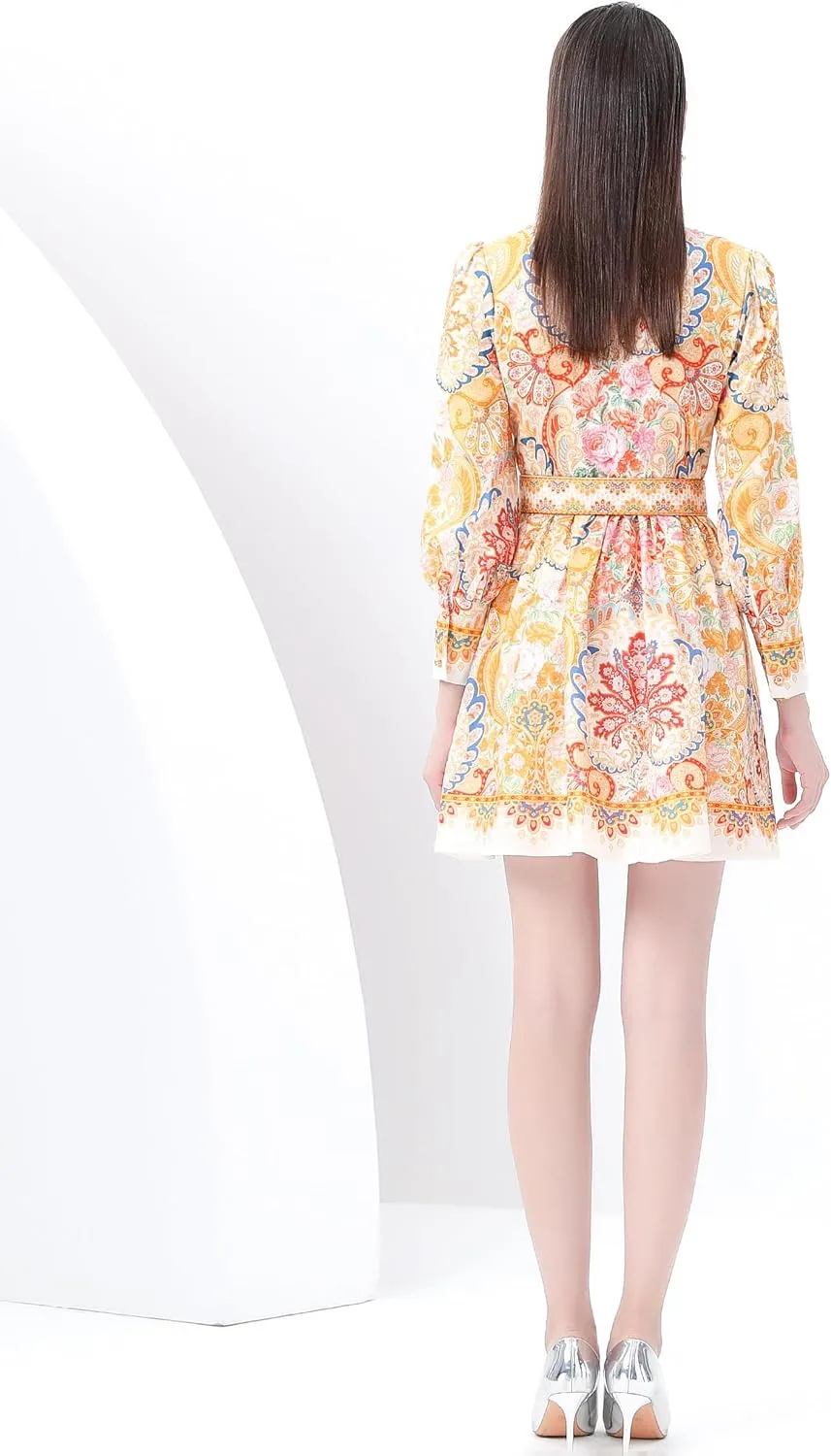 LAI MENG FIVE CATS Women's Button up Floral Print Long Sleeve Casual A-line Mini Shirt Dress with Belt