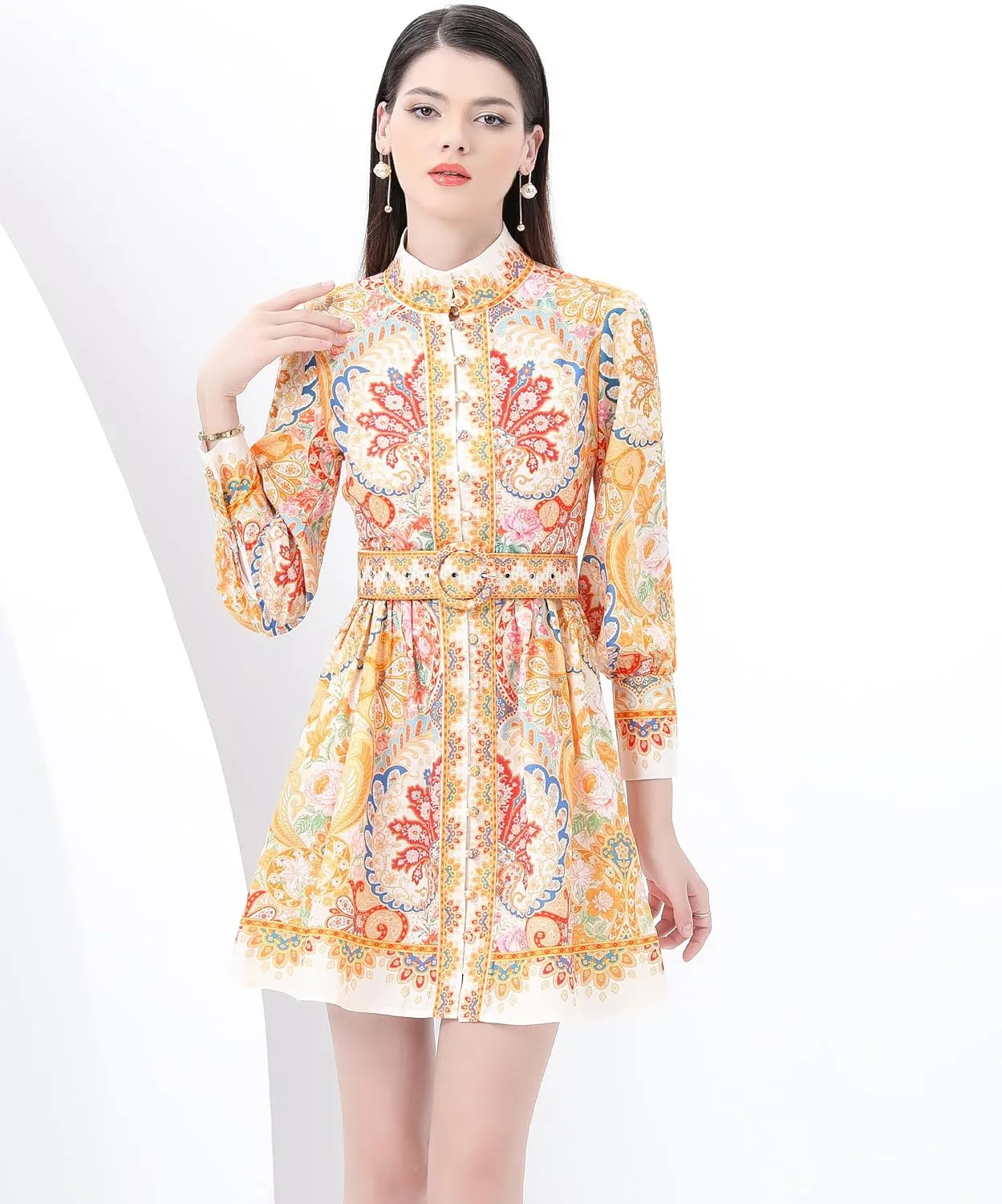 LAI MENG FIVE CATS Women's Button up Floral Print Long Sleeve Casual A-line Mini Shirt Dress with Belt