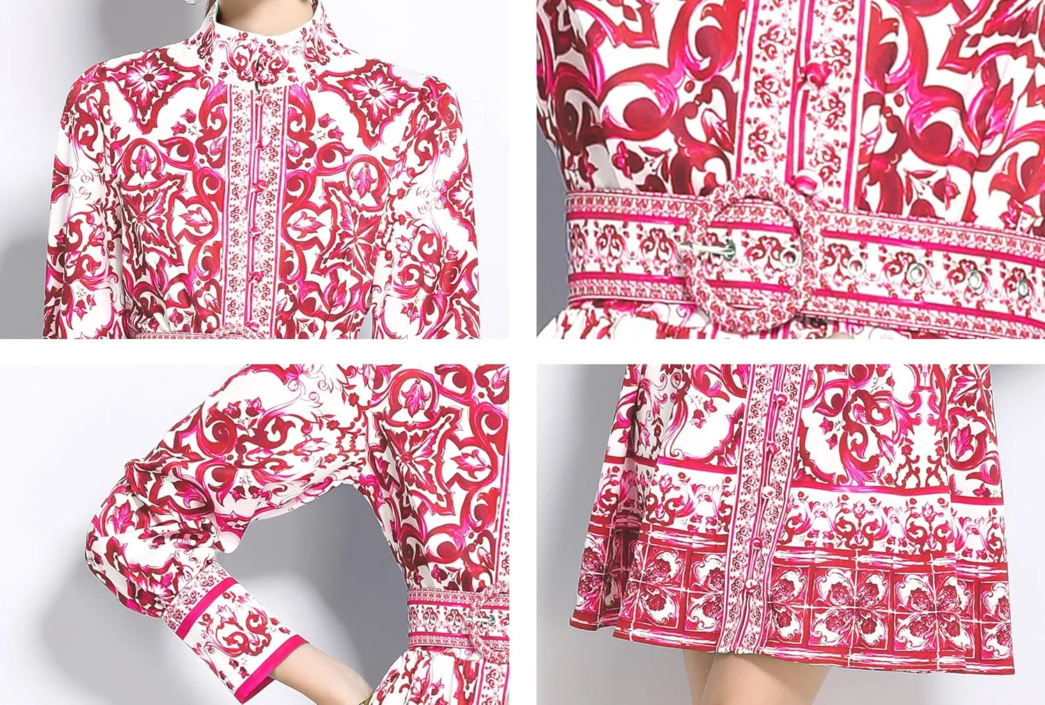 LAI MENG FIVE CATS Women's Button up Floral Print Long Sleeve Casual A-line Mini Shirt Dress with Belt