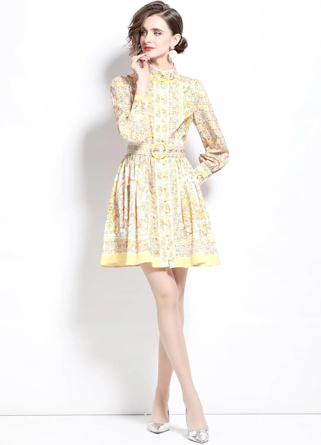 LAI MENG FIVE CATS Women's Button up Floral Print Long Sleeve Casual A-line Mini Shirt Dress with Belt