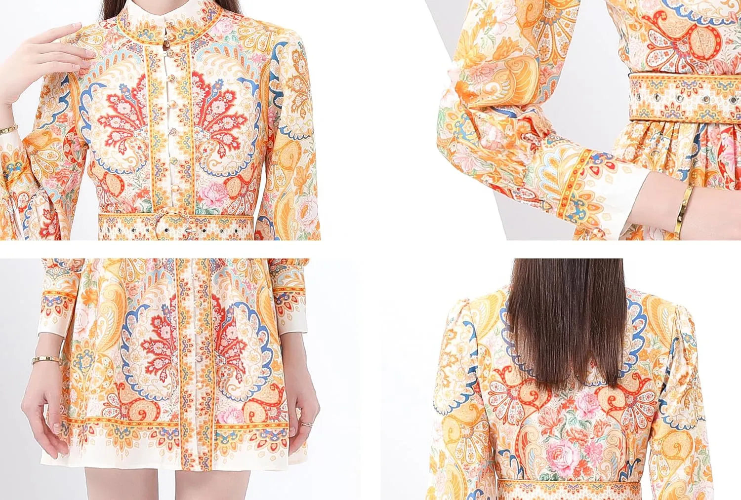 LAI MENG FIVE CATS Women's Button up Floral Print Long Sleeve Casual A-line Mini Shirt Dress with Belt