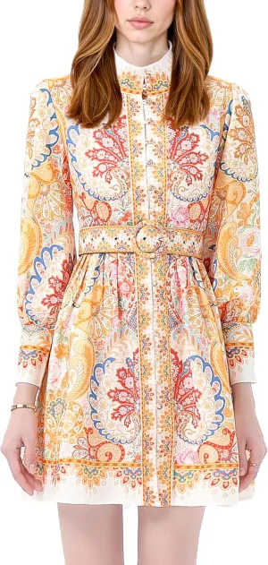 LAI MENG FIVE CATS Women's Button up Floral Print Long Sleeve Casual A-line Mini Shirt Dress with Belt