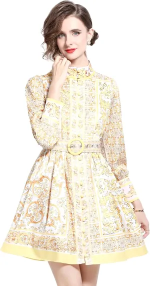 LAI MENG FIVE CATS Women's Button up Floral Print Long Sleeve Casual A-line Mini Shirt Dress with Belt
