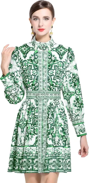 LAI MENG FIVE CATS Women's Button up Floral Print Long Sleeve Casual A-line Mini Shirt Dress with Belt