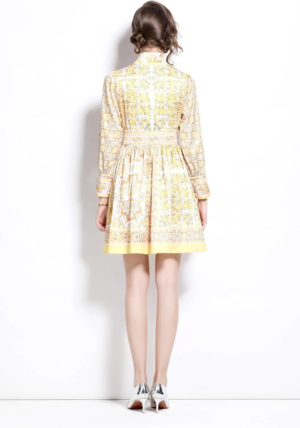 LAI MENG FIVE CATS Women's Button up Floral Print Long Sleeve Casual A-line Mini Shirt Dress with Belt