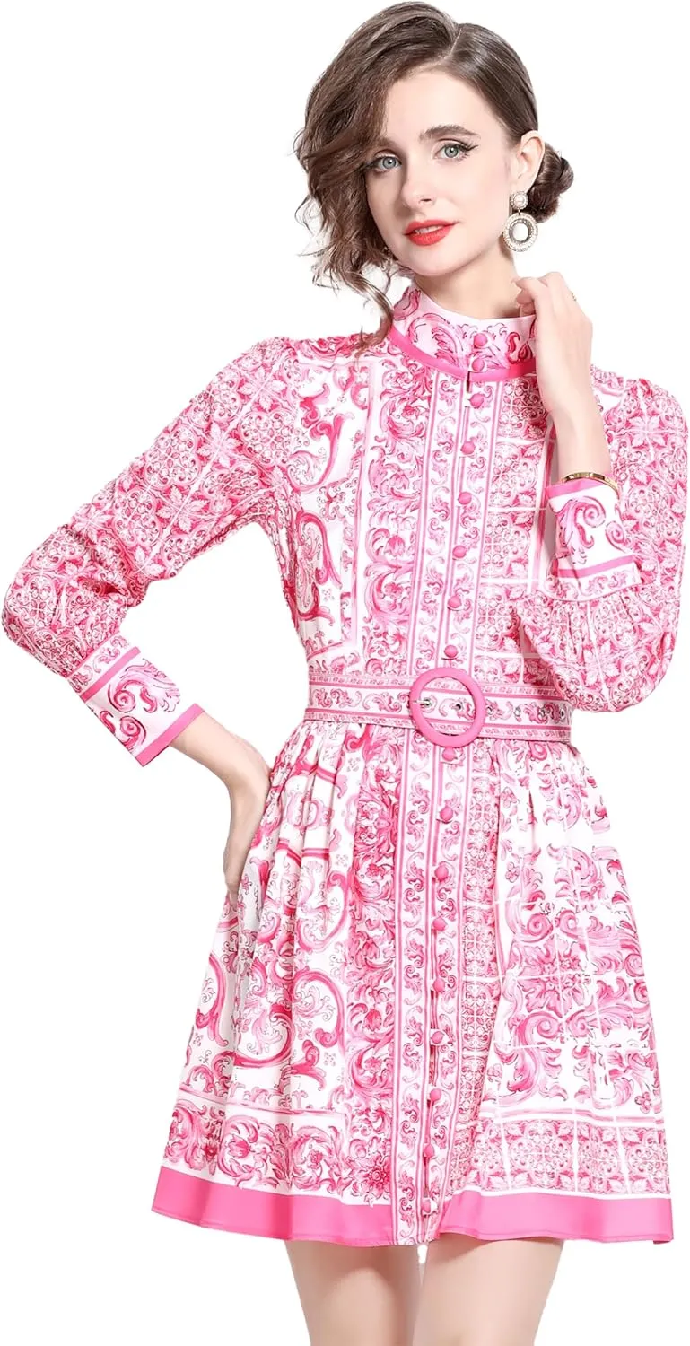 LAI MENG FIVE CATS Women's Button up Floral Print Long Sleeve Casual A-line Mini Shirt Dress with Belt
