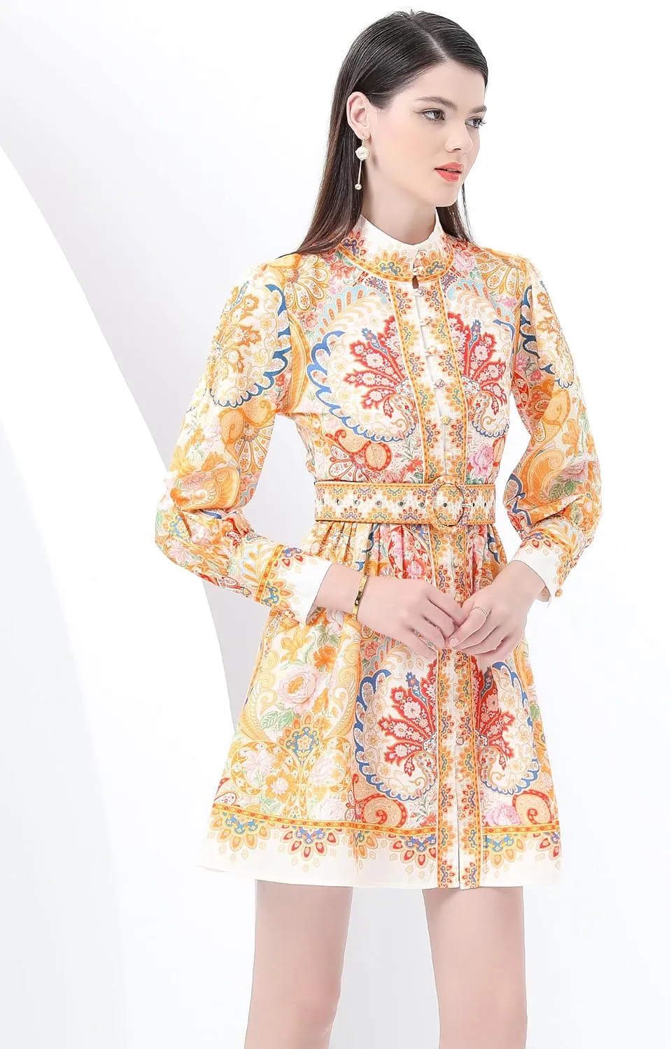 LAI MENG FIVE CATS Women's Button up Floral Print Long Sleeve Casual A-line Mini Shirt Dress with Belt