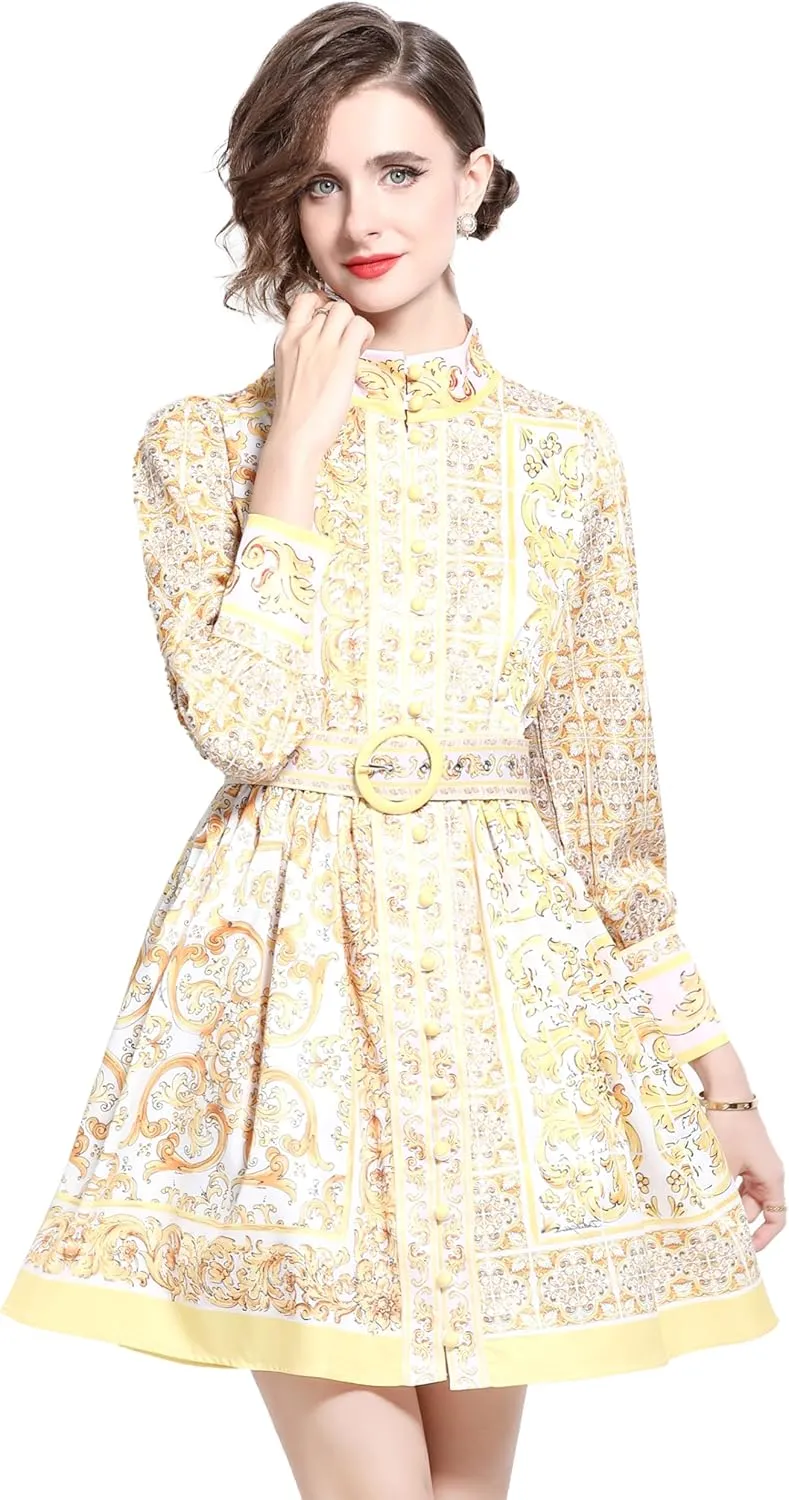 LAI MENG FIVE CATS Women's Button up Floral Print Long Sleeve Casual A-line Mini Shirt Dress with Belt