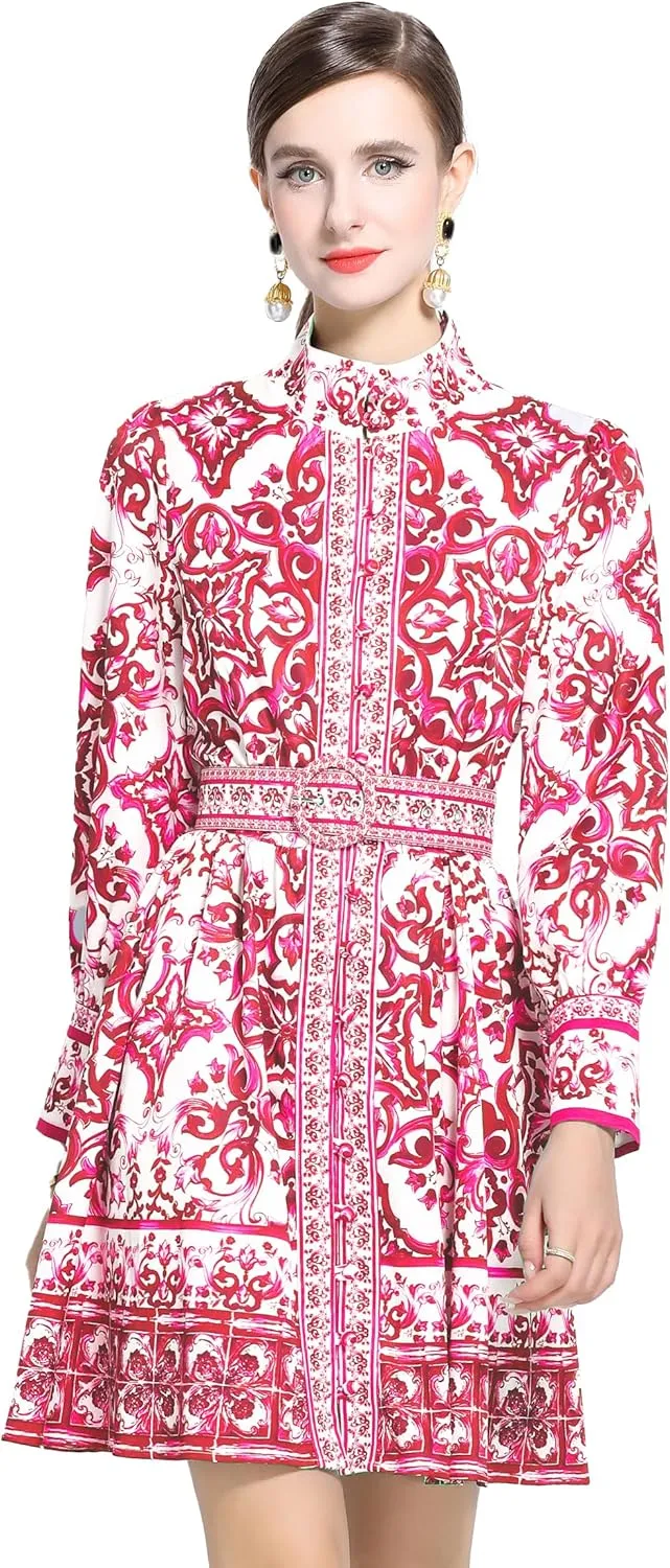 LAI MENG FIVE CATS Women's Button up Floral Print Long Sleeve Casual A-line Mini Shirt Dress with Belt