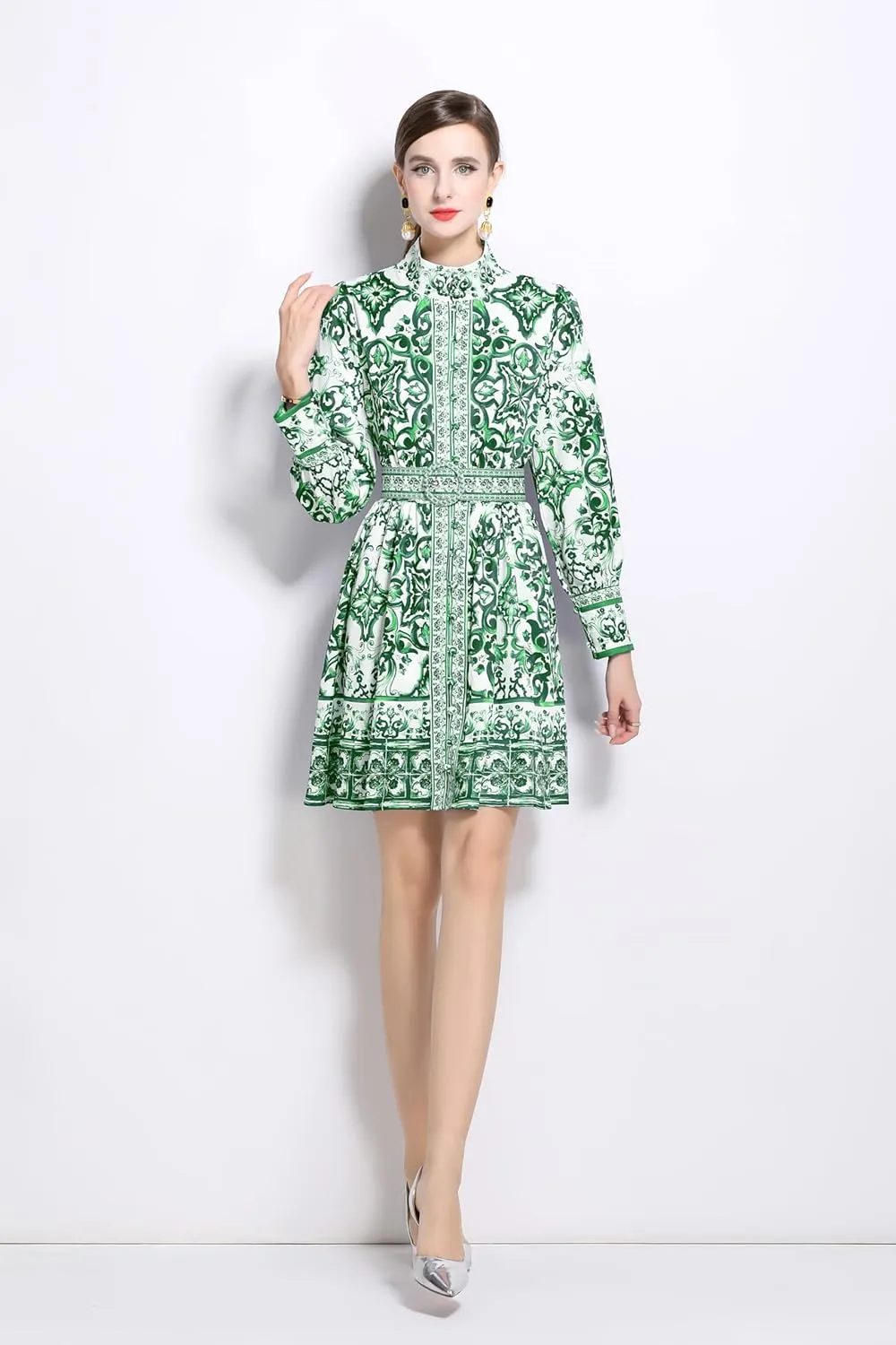 LAI MENG FIVE CATS Women's Button up Floral Print Long Sleeve Casual A-line Mini Shirt Dress with Belt