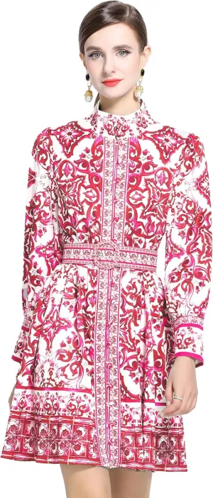 LAI MENG FIVE CATS Women's Button up Floral Print Long Sleeve Casual A-line Mini Shirt Dress with Belt