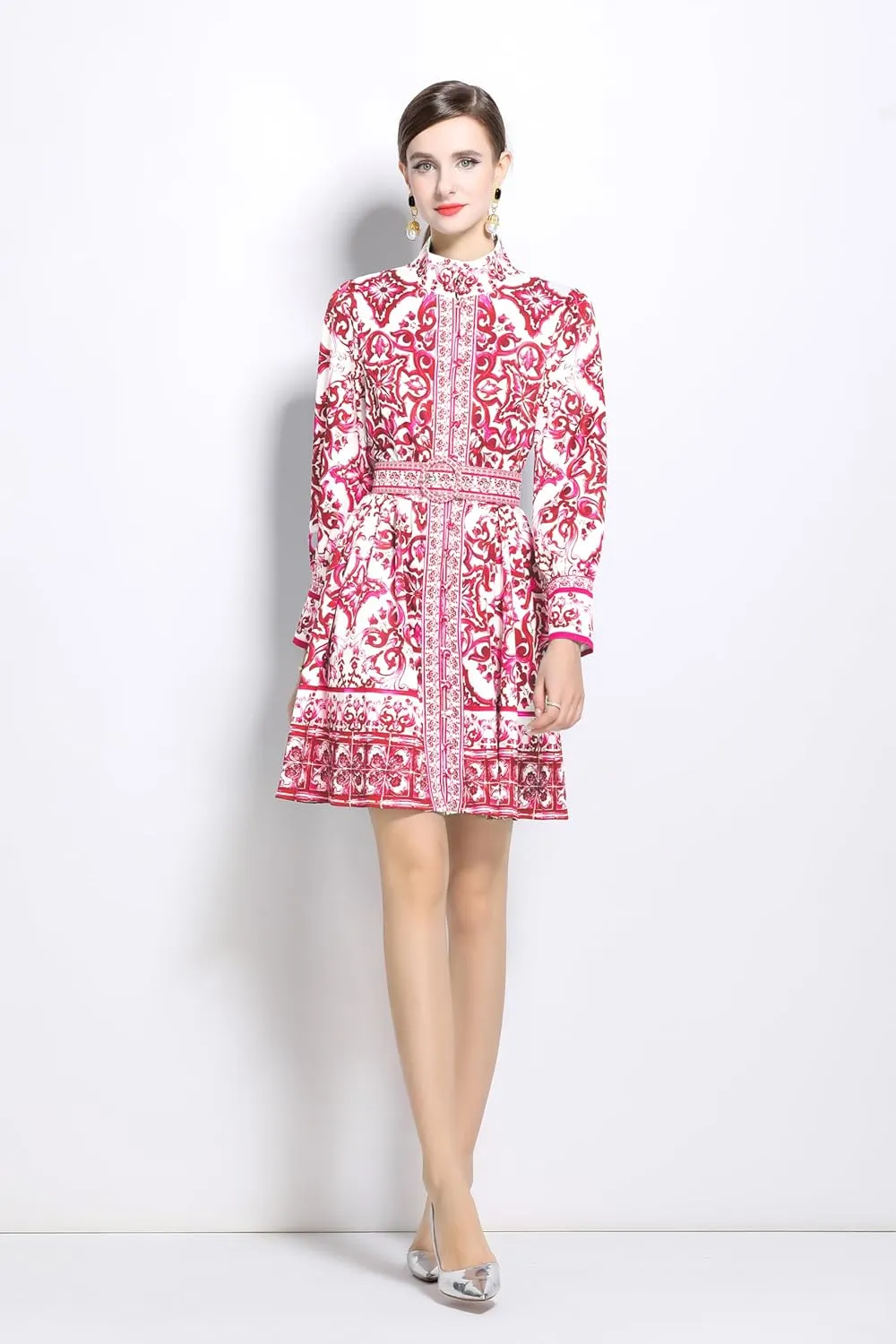 LAI MENG FIVE CATS Women's Button up Floral Print Long Sleeve Casual A-line Mini Shirt Dress with Belt