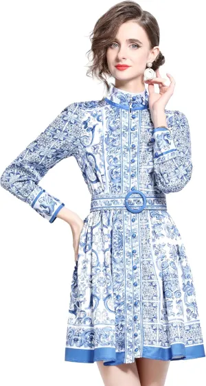 LAI MENG FIVE CATS Women's Button up Floral Print Long Sleeve Casual A-line Mini Shirt Dress with Belt