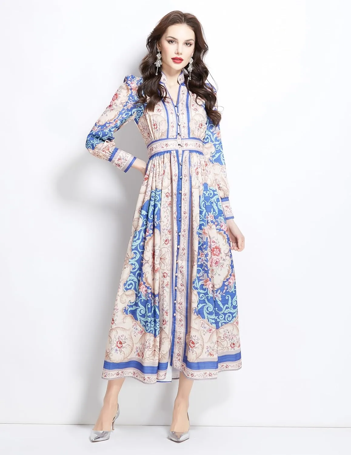 LAI MENG FIVE CATS Women's Casual Floral Print V-Neck Button up Slit Maxi Dress