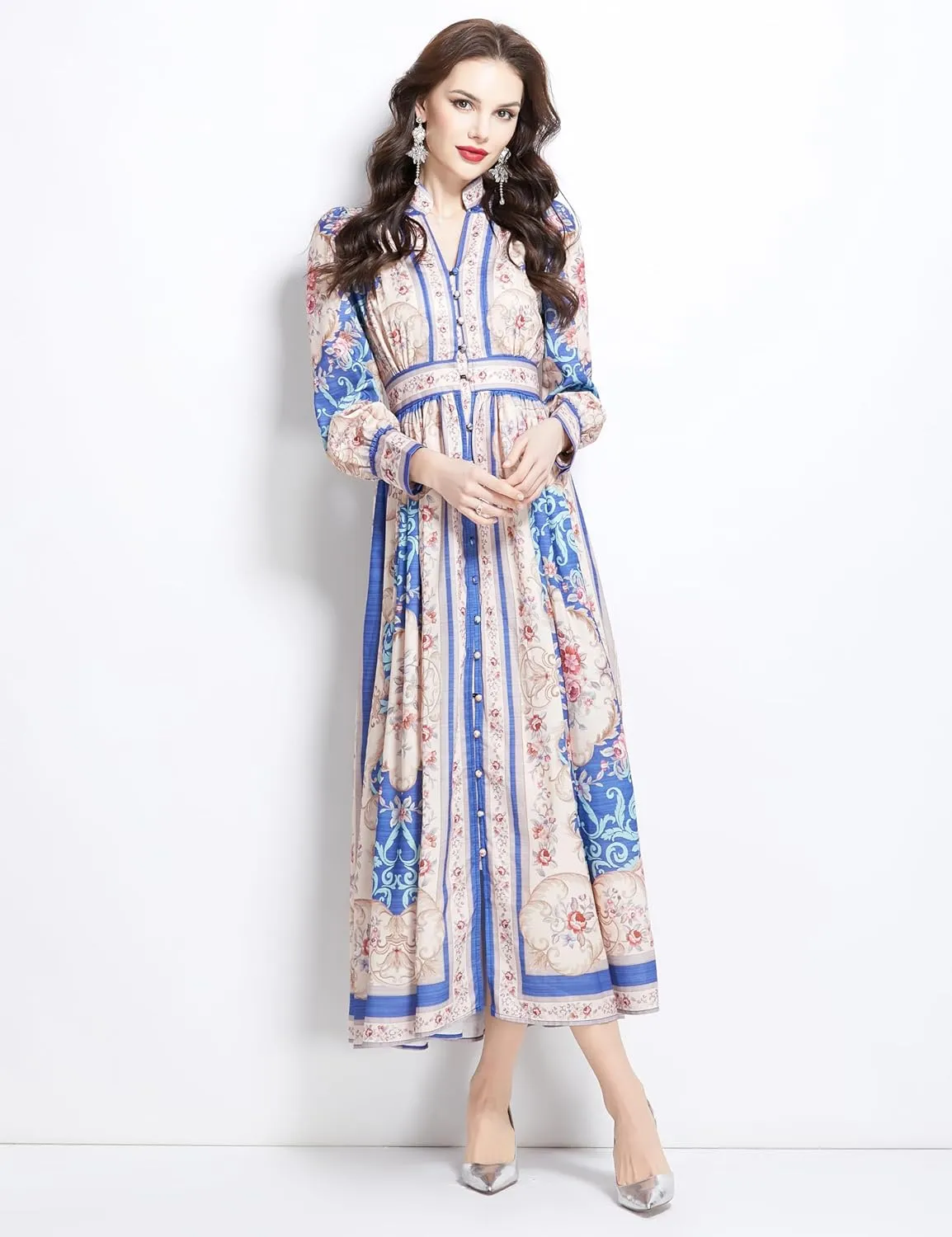 LAI MENG FIVE CATS Women's Casual Floral Print V-Neck Button up Slit Maxi Dress