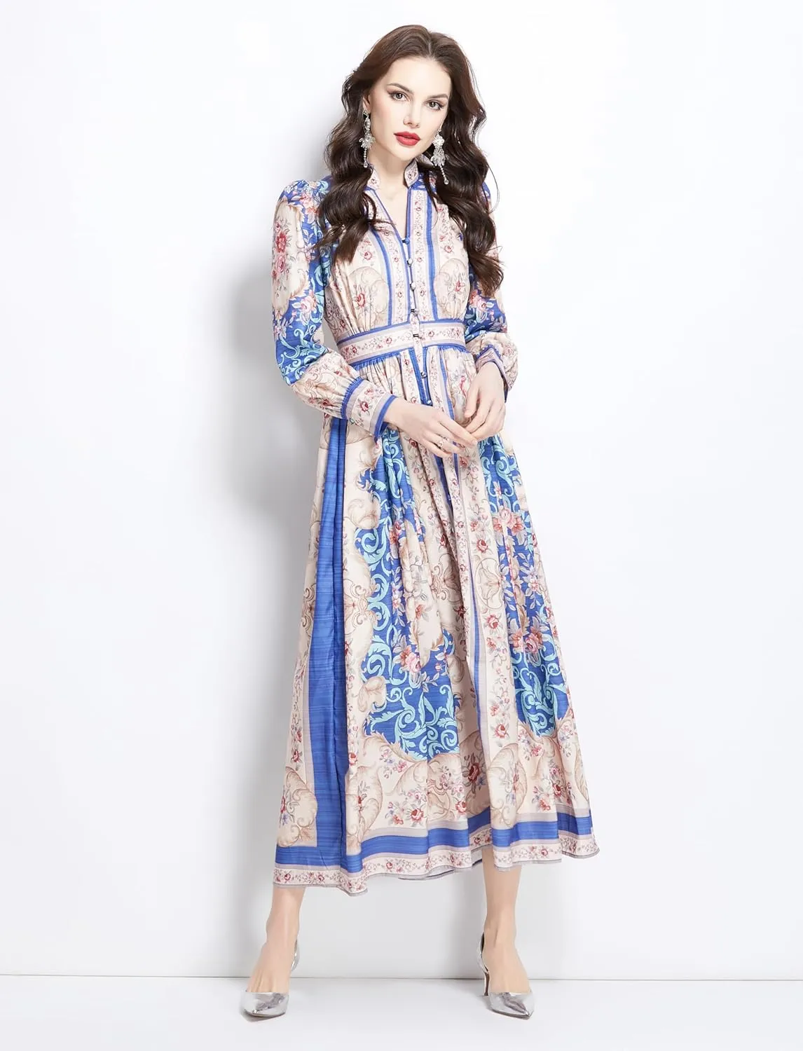 LAI MENG FIVE CATS Women's Casual Floral Print V-Neck Button up Slit Maxi Dress