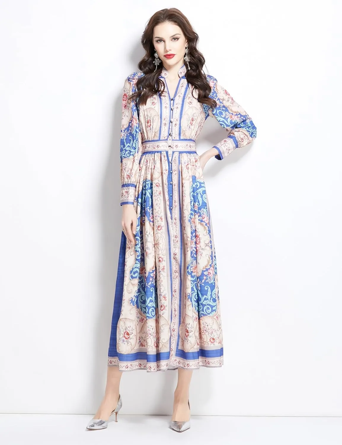 LAI MENG FIVE CATS Women's Casual Floral Print V-Neck Button up Slit Maxi Dress