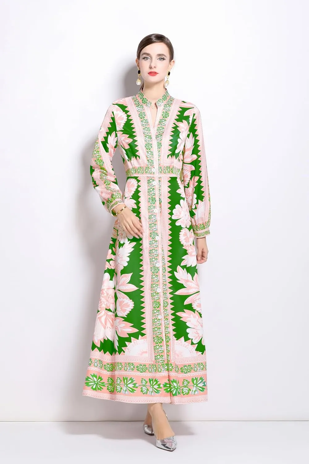 LAI MENG FIVE CATS Women's Casual Floral Print V-Neck Button up Slit Maxi Dress