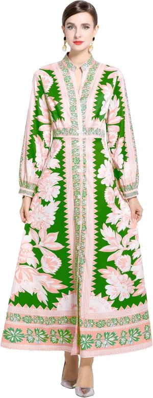 LAI MENG FIVE CATS Women's Casual Floral Print V-Neck Button up Slit Maxi Dress