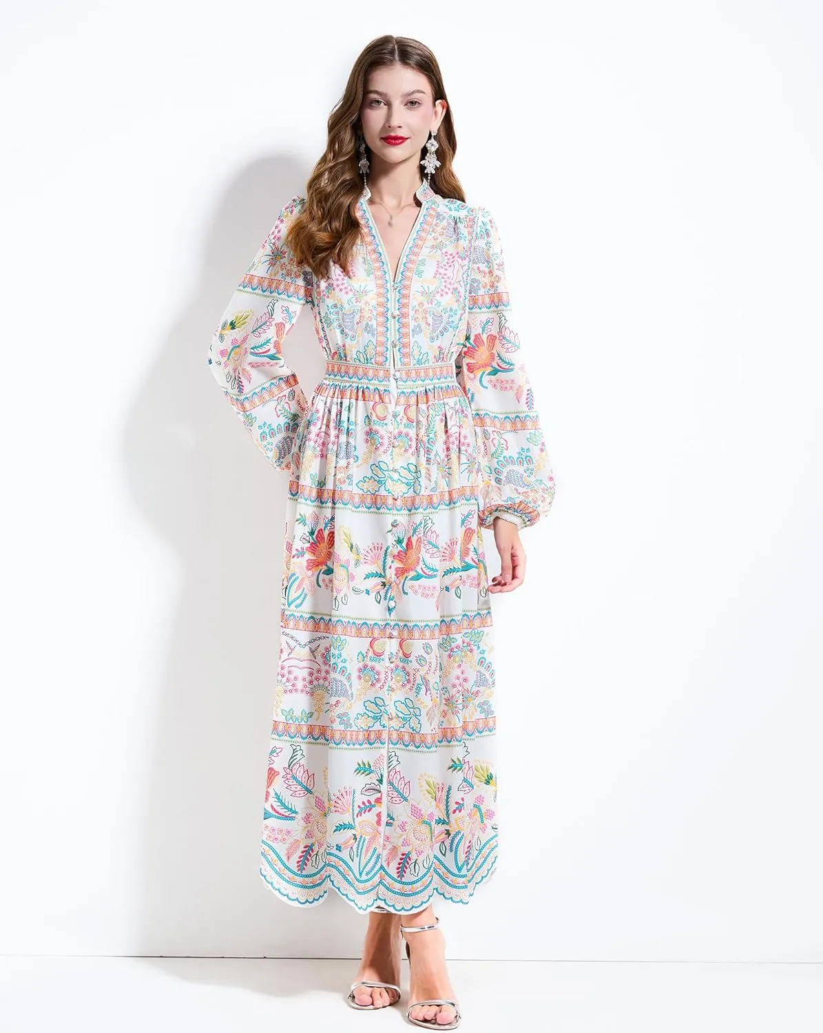 LAI MENG FIVE CATS Women's Casual Floral Print V-Neck Button up Slit Maxi Dress