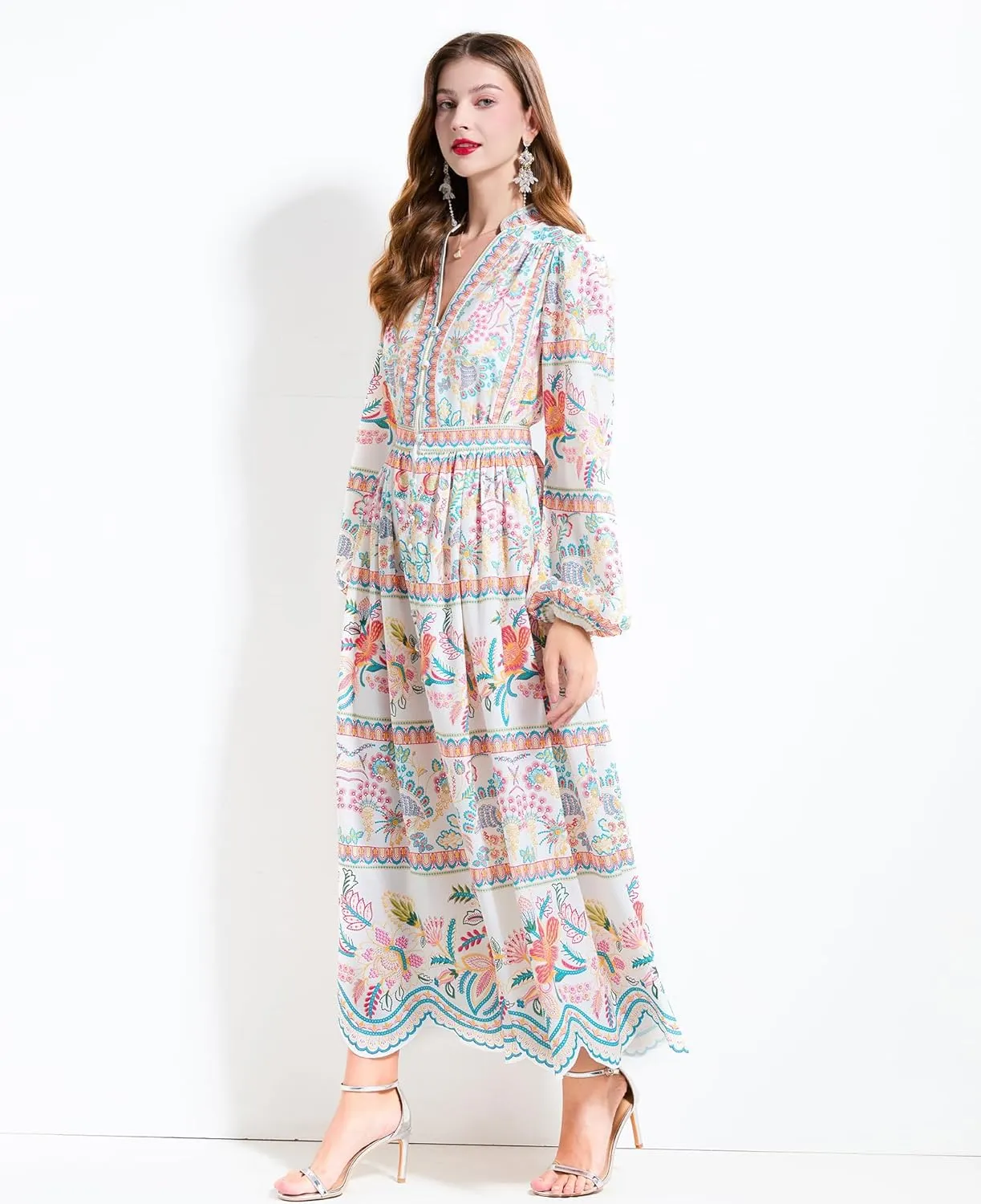 LAI MENG FIVE CATS Women's Casual Floral Print V-Neck Button up Slit Maxi Dress