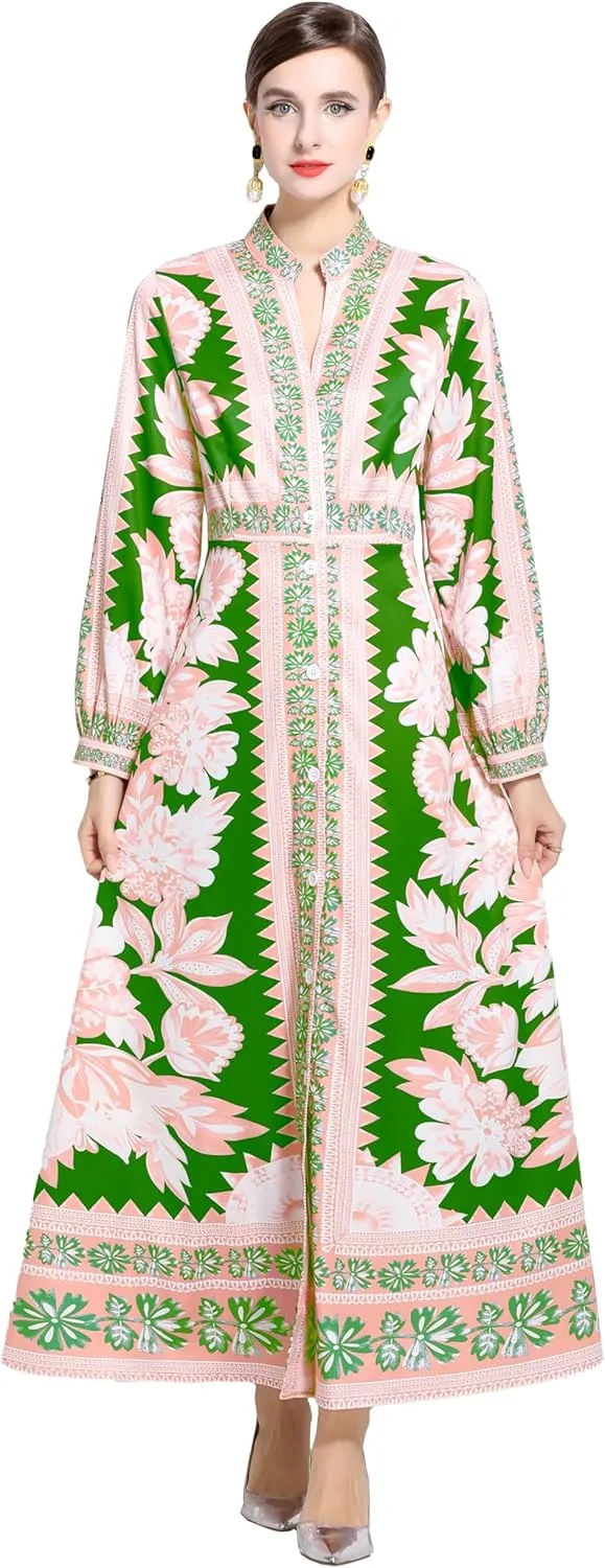 LAI MENG FIVE CATS Women's Casual Floral Print V-Neck Button up Slit Maxi Dress