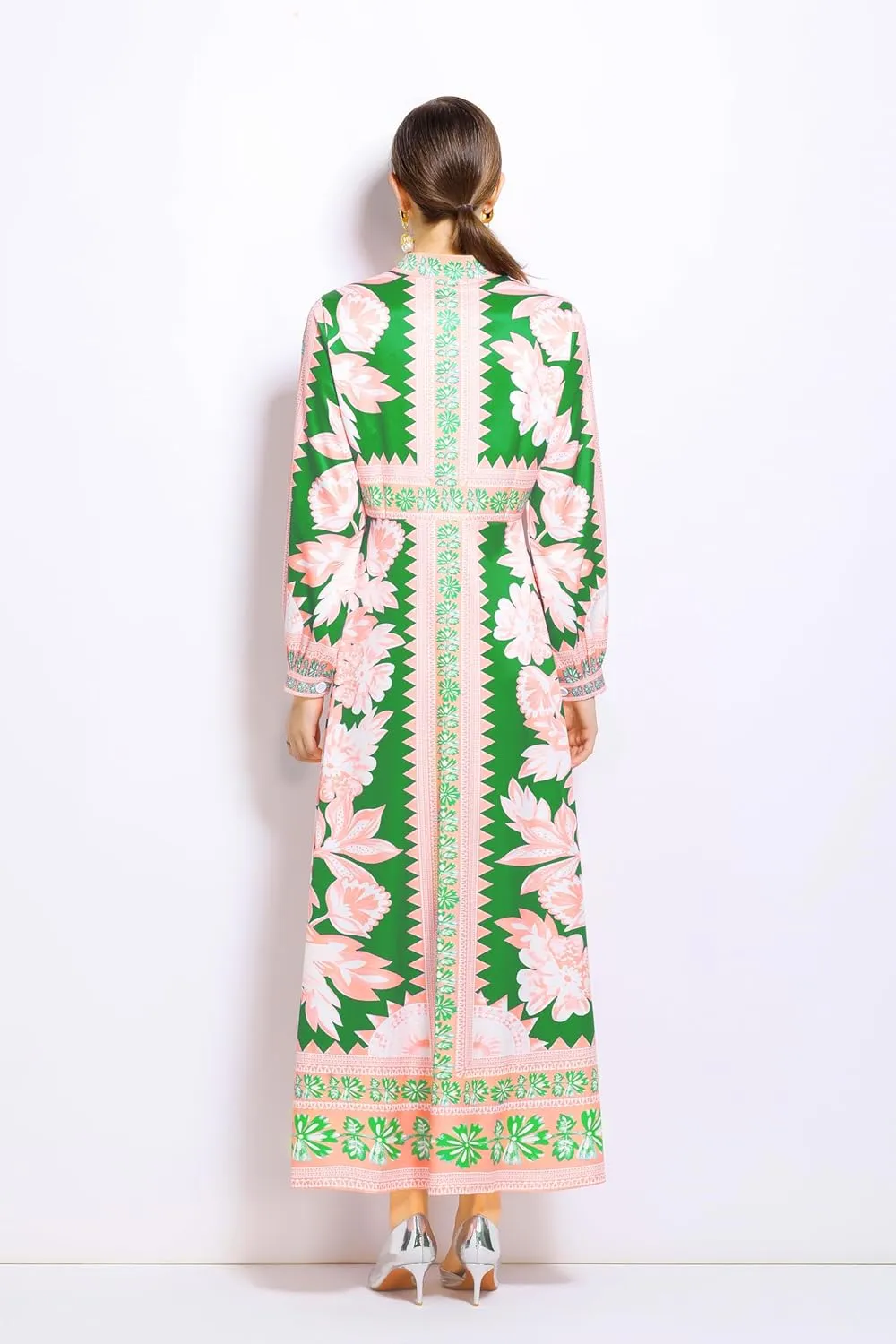 LAI MENG FIVE CATS Women's Casual Floral Print V-Neck Button up Slit Maxi Dress