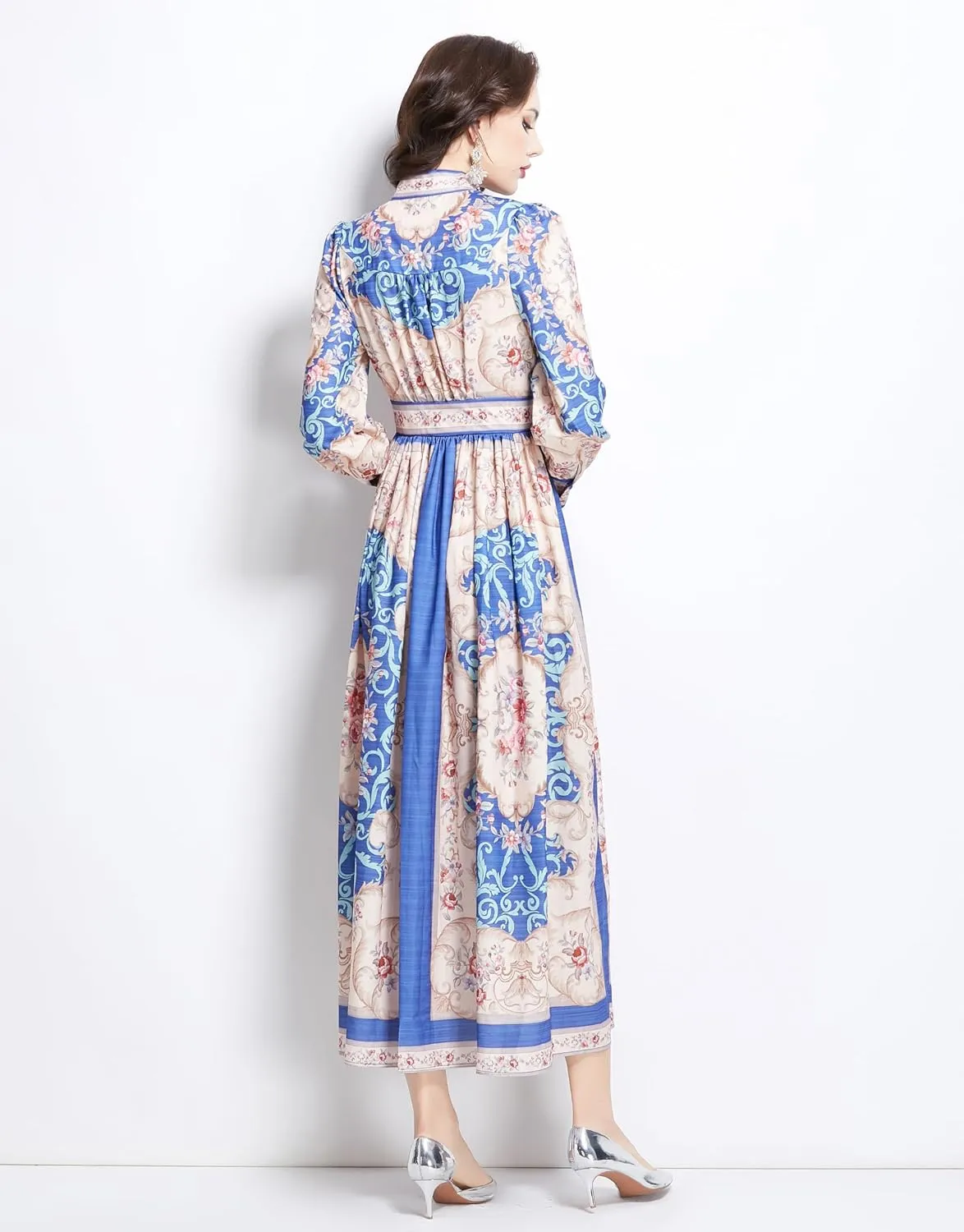 LAI MENG FIVE CATS Women's Casual Floral Print V-Neck Button up Slit Maxi Dress