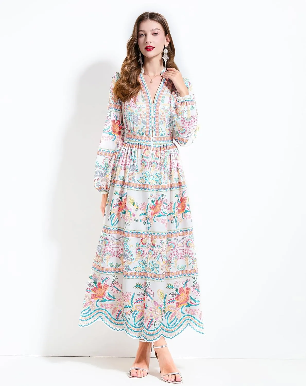 LAI MENG FIVE CATS Women's Casual Floral Print V-Neck Button up Slit Maxi Dress