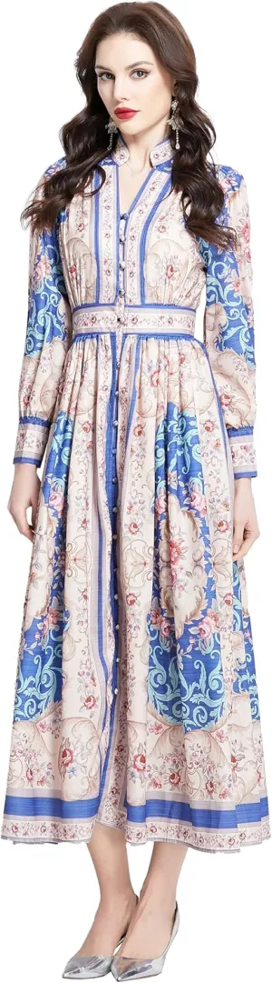 LAI MENG FIVE CATS Women's Casual Floral Print V-Neck Button up Slit Maxi Dress