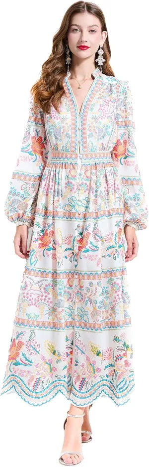 LAI MENG FIVE CATS Women's Casual Floral Print V-Neck Button up Slit Maxi Dress