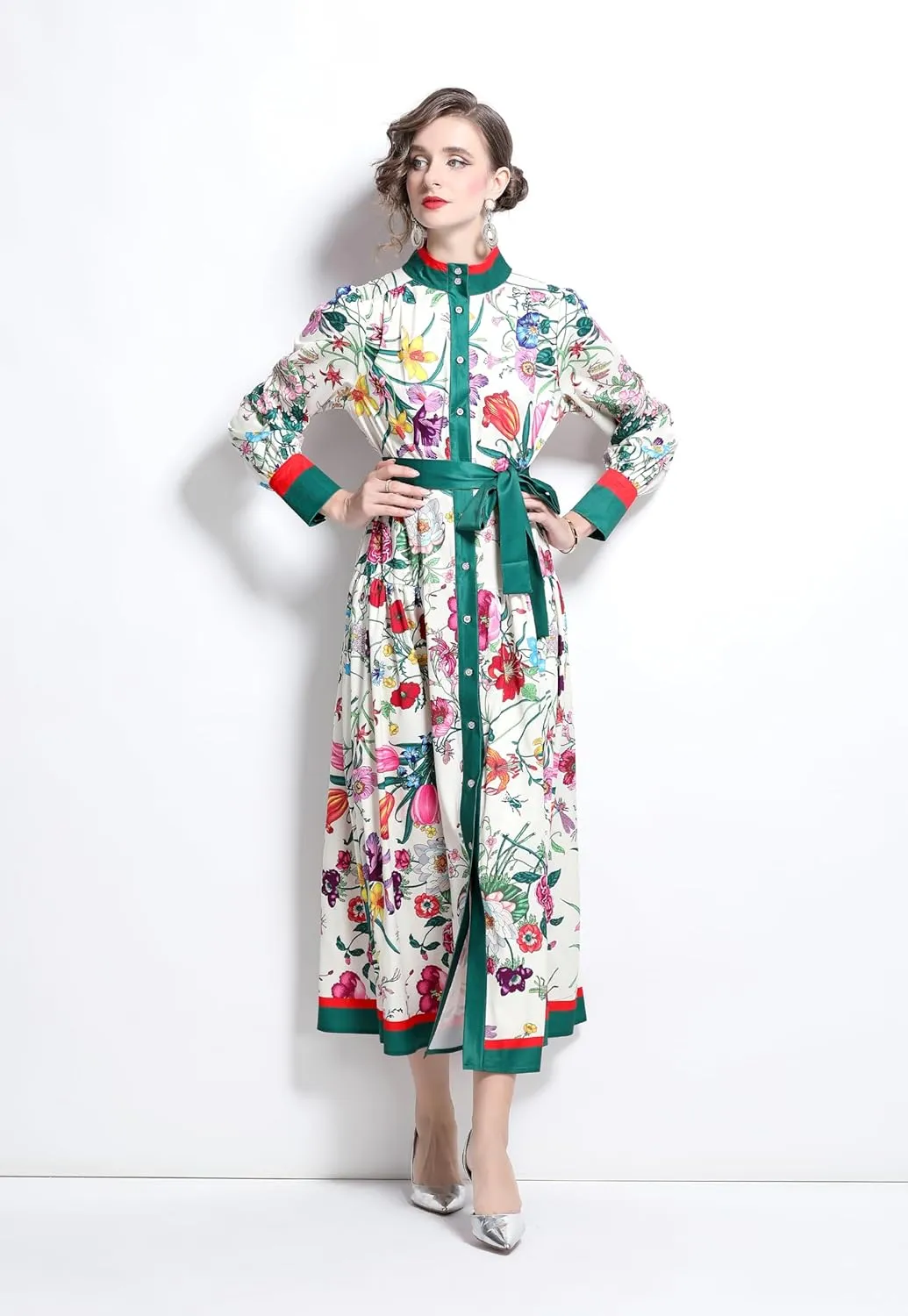 LAI MENG FIVE CATS Women's Floral Print Long Lantern Sleeve Button Up Loose Casual Maxi Dress