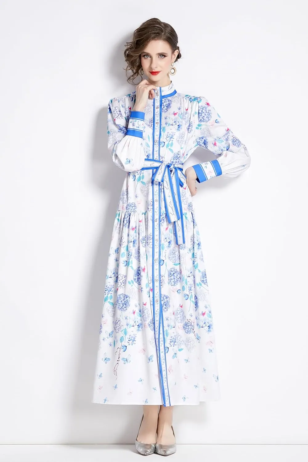 LAI MENG FIVE CATS Women's Floral Print Long Lantern Sleeve Button Up Loose Casual Maxi Dress