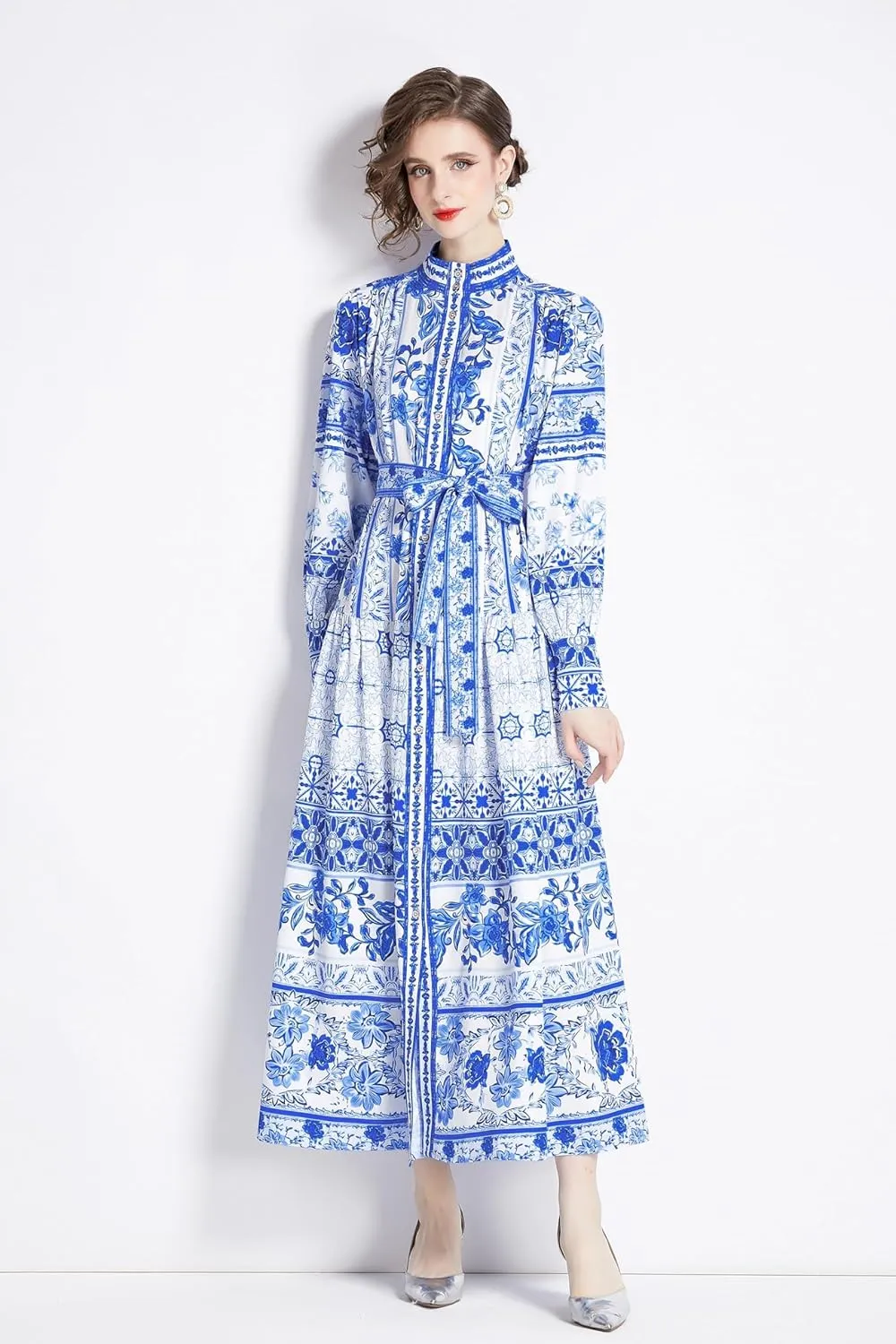 LAI MENG FIVE CATS Women's Floral Print Long Lantern Sleeve Button Up Loose Casual Maxi Dress