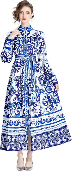 LAI MENG FIVE CATS Women's Floral Print Long Lantern Sleeve Button Up Loose Casual Maxi Dress