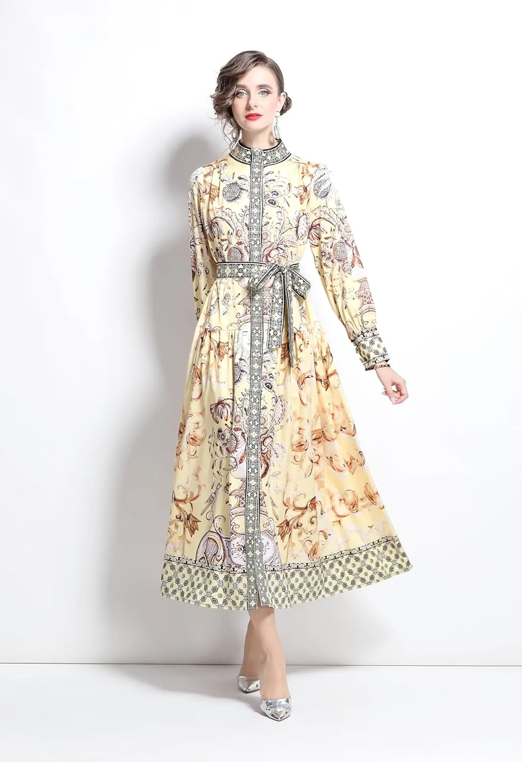 LAI MENG FIVE CATS Women's Floral Print Long Lantern Sleeve Button Up Loose Casual Maxi Dress