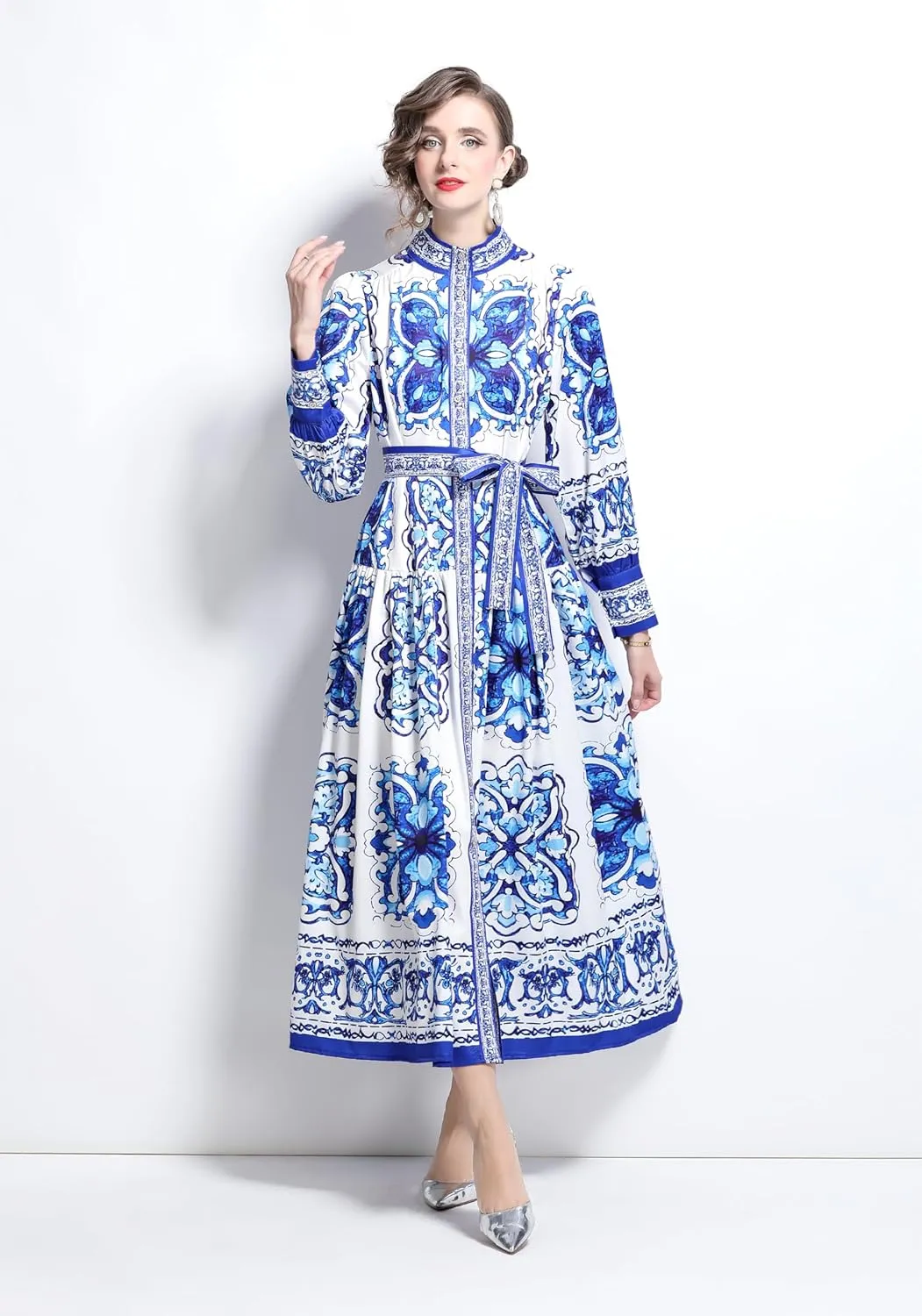 LAI MENG FIVE CATS Women's Floral Print Long Lantern Sleeve Button Up Loose Casual Maxi Dress