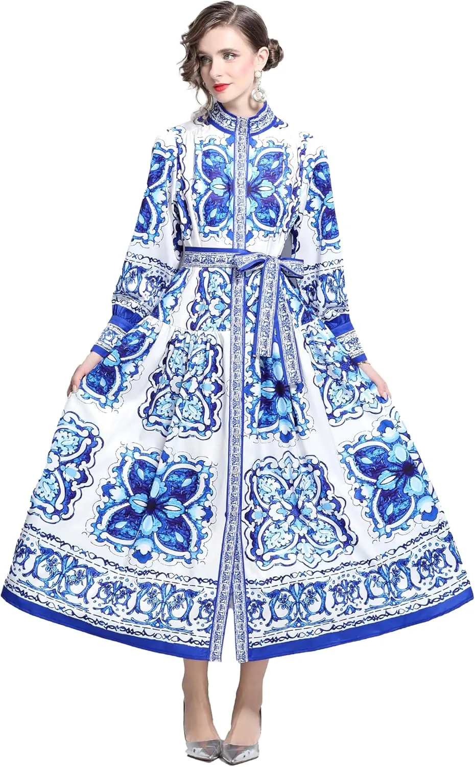 LAI MENG FIVE CATS Women's Floral Print Long Lantern Sleeve Button Up Loose Casual Maxi Dress