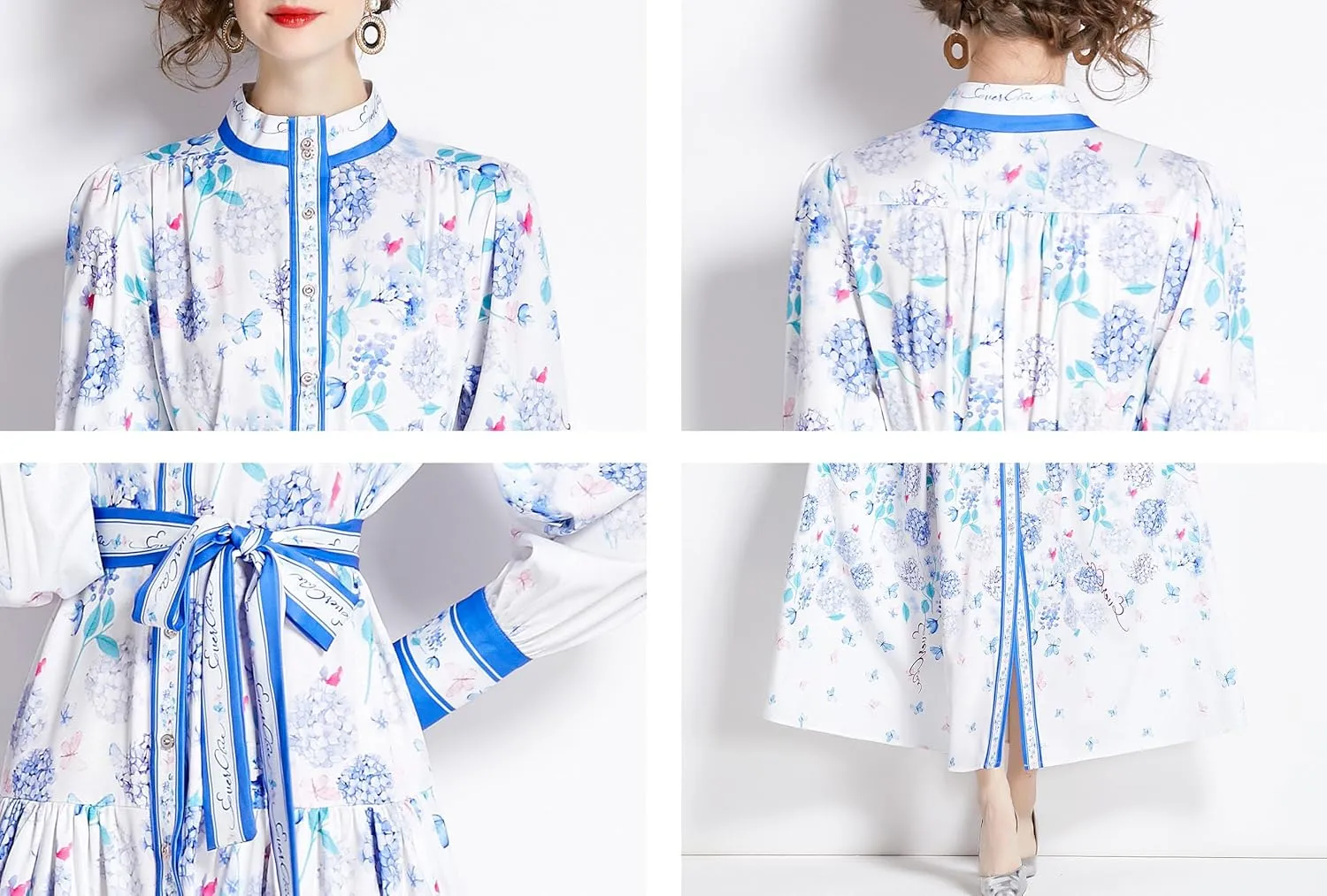 LAI MENG FIVE CATS Women's Floral Print Long Lantern Sleeve Button Up Loose Casual Maxi Dress