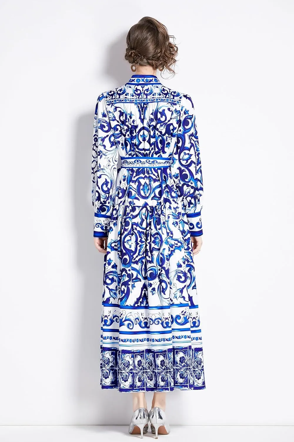 LAI MENG FIVE CATS Women's Floral Print Long Lantern Sleeve Button Up Loose Casual Maxi Dress